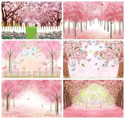 Laeacco Cherry Blossoms Wonderland Backdrop Spring Garden Pink Flower  Wedding Birthday Baby Kid Portrait Photography Background