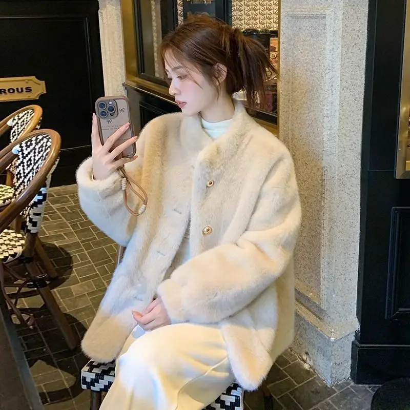Women's 2026 Winter New Stand Collar Eco Faux Mink Fur Jacket Tweed Quilted Thick Warm Elegant Chic Coquette Trendy Top