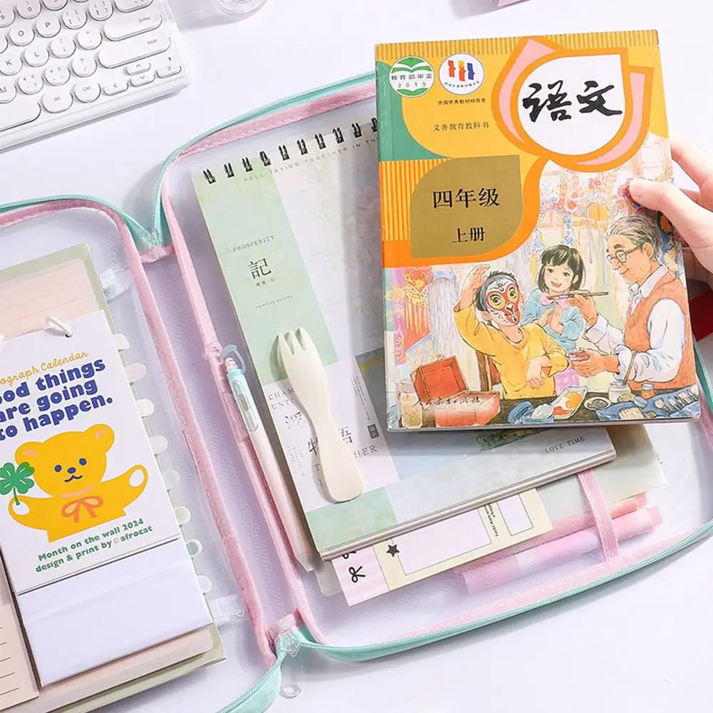 Portable Mesh A4 File Bag Transparent Large Capacity Document Bag with Handle Stationery Storage Bag School Supplies