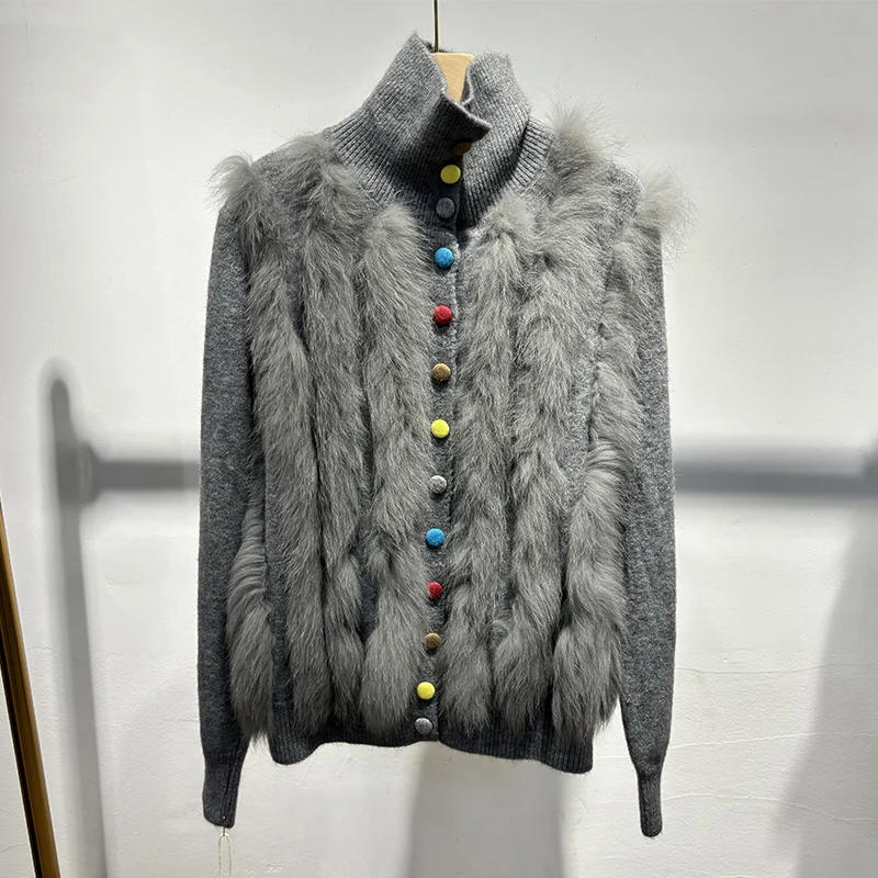 Women Autumn Grey Real Fox Fur Sweater Spring Natural Fur Knitted Jacket Wear