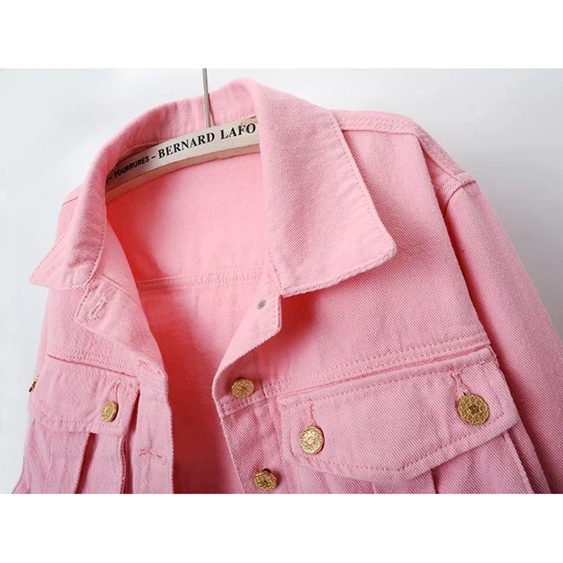 

Fashion Pink Beige Big Pocket Long Sleeve Denim Jacket Women Cowboy Outerwear Chaqueta Mujer Slim Short Jeans Jacket Coat Female