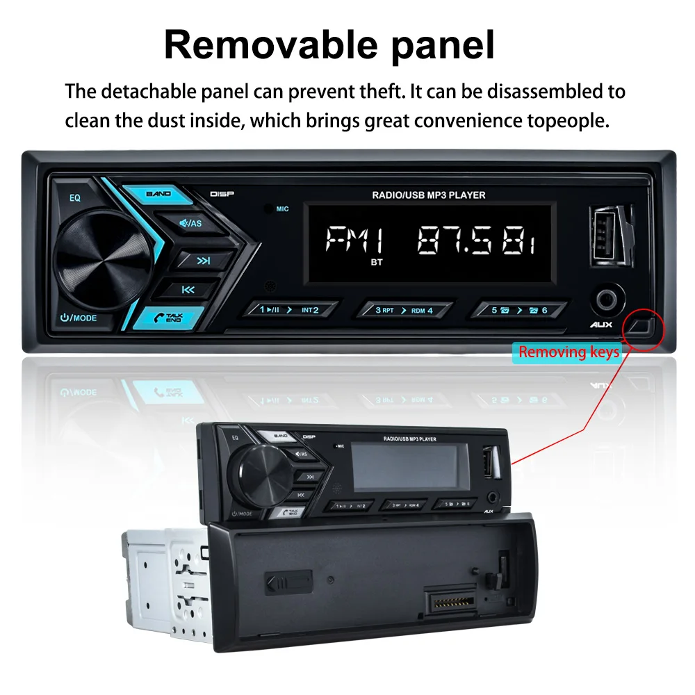 REAKOSOUND Car MP3 Player detachable panel 7 Color Light USB FM Radio Tuner with LED Segment Displays AUX Input USB