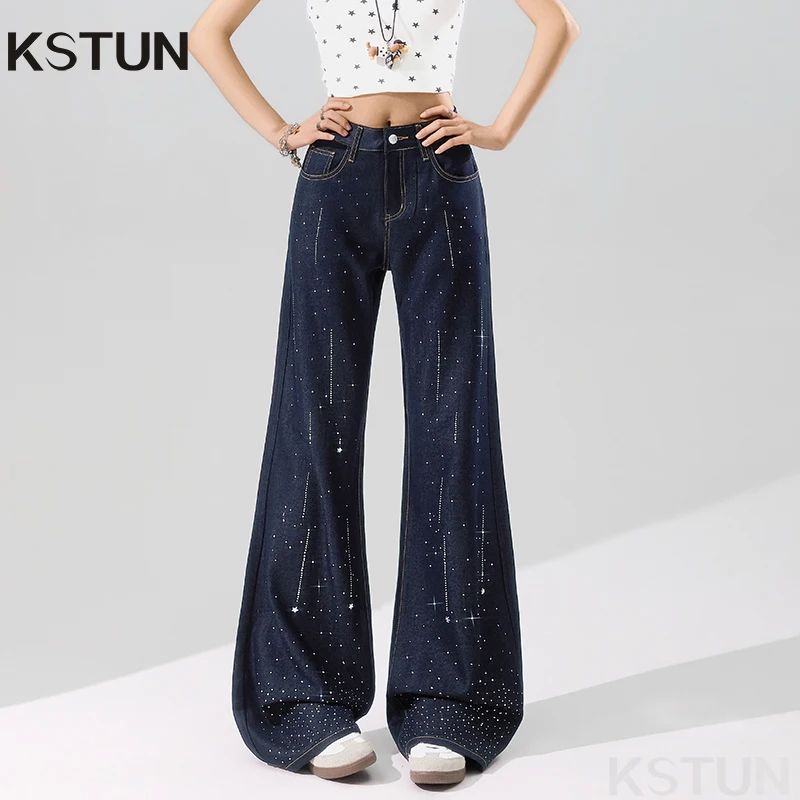KSTUN 2026 Summer High-waisted Flared Pants Women Bell Bottom Trousers Studded With Rhinestones Glittering Anti Crease Non-iron