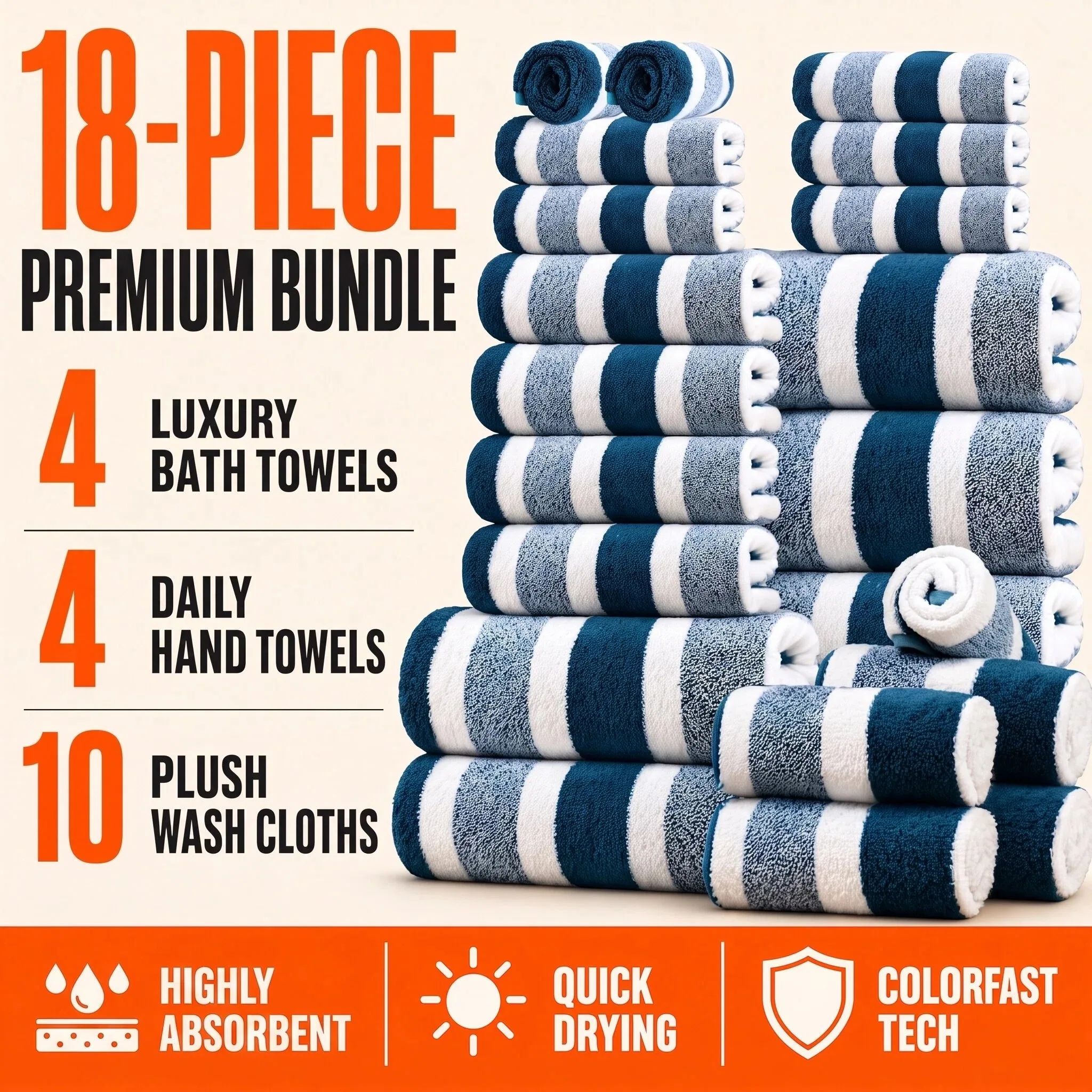 18pcs Luxury Bath Towels Set - Quick-Dry Highly Absorbent Plush Soft Coral Fleece-like Texture, Multi-Size Family Bathroom Towels with Hanging Loops (30x30cm, 70x140cm) for Home, Hotel & Spa - Navy & Striped Design, Durable & Space-Saving Storage