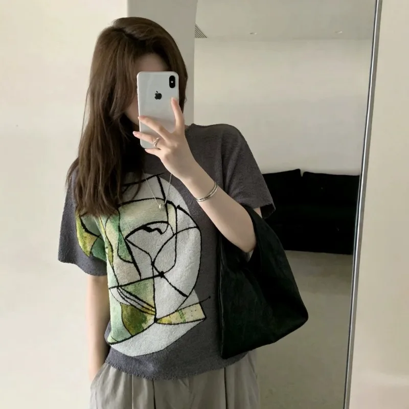 

Miyake Pleated T-Shirt Abstract Line Print Short Sleeve T-Shirt Women 2026 Summer New Loose Slim Pleats Round Neck Artistic Top