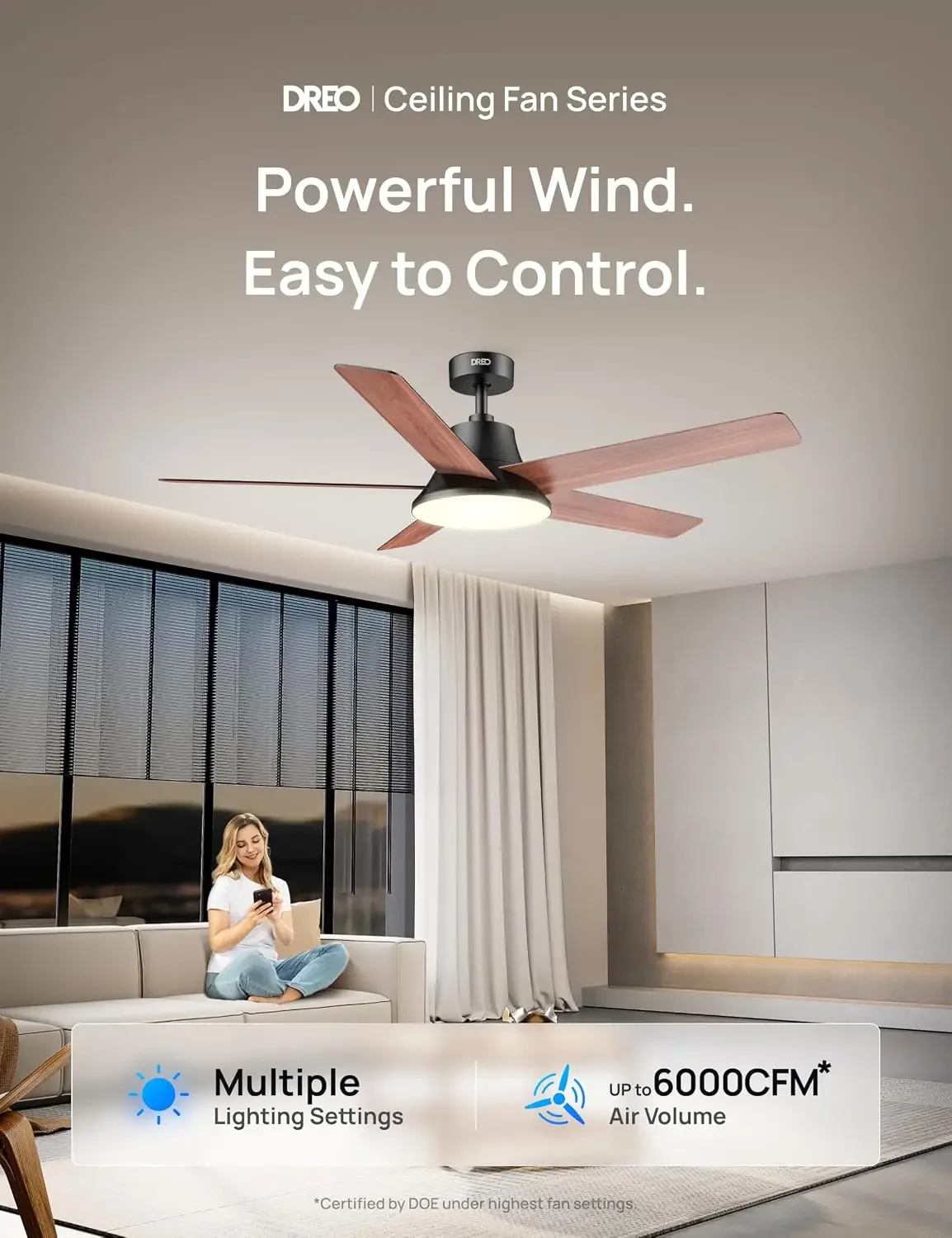 Smart Ceiling Fan with Lights, 52 Inch, 12 Speeds & 3 Fan Modes, Stepless, Dimmable LED Light, Timer, 22dB Quiet DC Motor