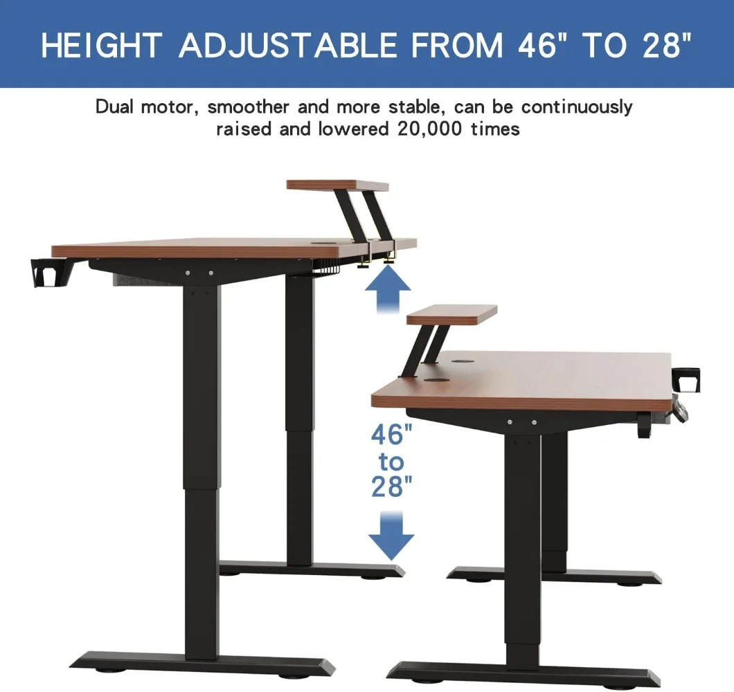 63x30, mesa de pé com altura ajustável e prateleira de armazenamento, mesa de escritório doméstico com tampo de nogueira escura/moldura preta