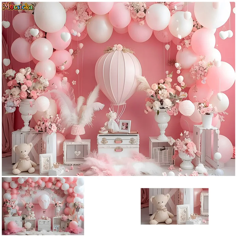 خلفية تصوير Mocsicka للأميرة ، بالونات حفلة عيد ميلاد ، ديكور زهور ، صورة أطفال لطيفة ، تحطيم الكعك ، لافتة صور