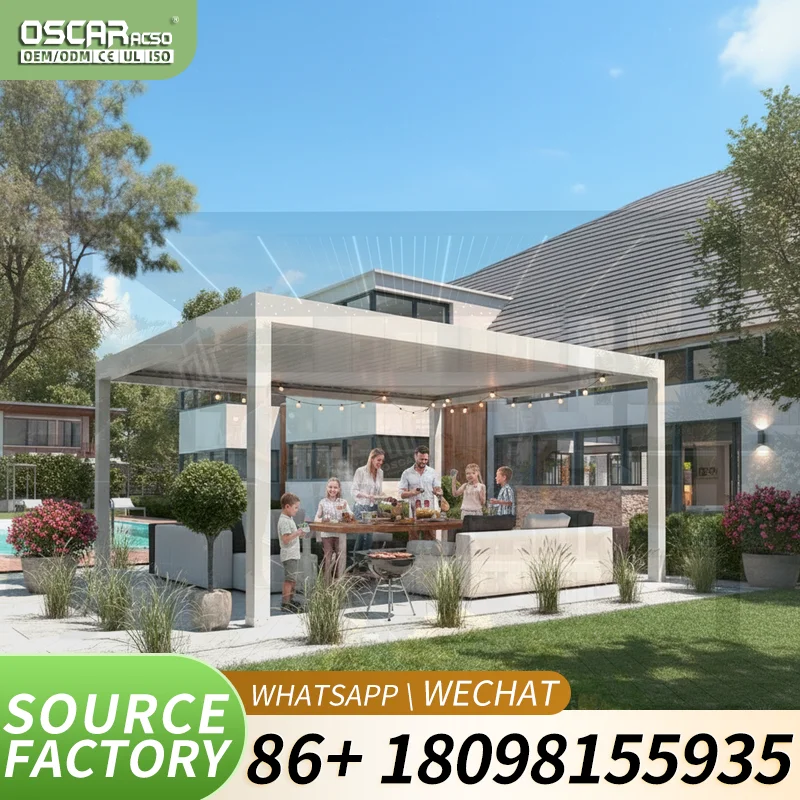 Motorized Aluminum Bioclimatic Pergola with LED Lights and Sliding Glass Doors Adjustable Louvered Roof Outdoor Patio Gazebo for