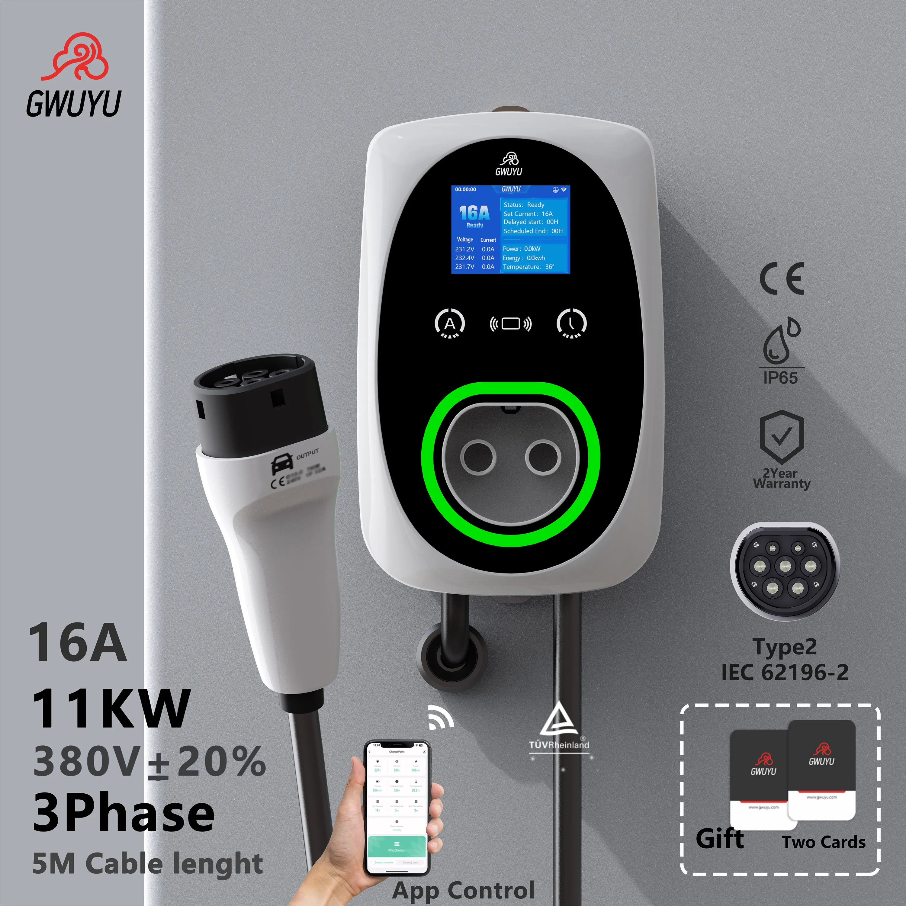 GWUYU Wall-Mounted Electric Vehicle Charging Station Type2 11kW Upgrade with App Control 5m Cable Home Safety Charging Design