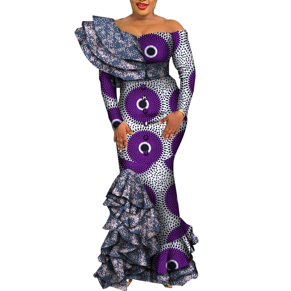 African Dresses for Women 2022 Elegant Bodycon Long Mermaid Dress Draped Ruffles African Print Dashiki Evening Dresses WY5995