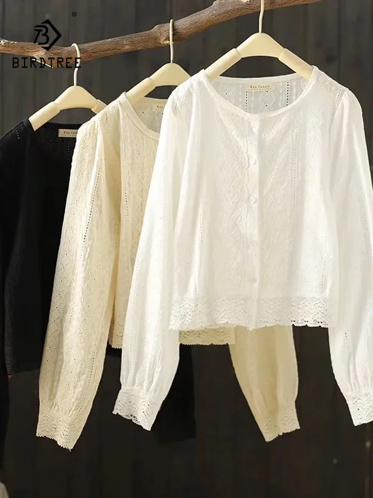 

New 2026 Spring Cotton Long Sleeve Shirt, Women O Neck Hollow-out Embroidery, Mori Girl Sweet Design Sense Loose Blouse T5D555CC