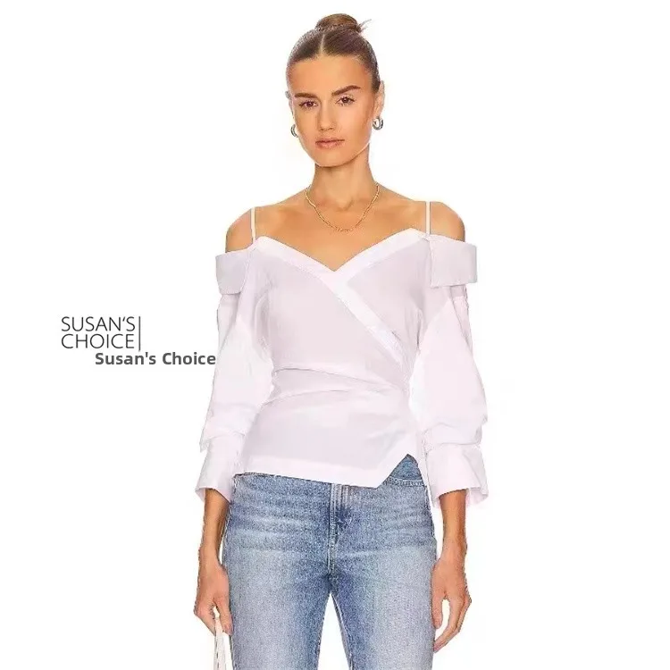Susan Faionable Simple Commute Casual Pure Cotton Two-color One-oulder irt Top Women's Clothing V-ne Long Sve