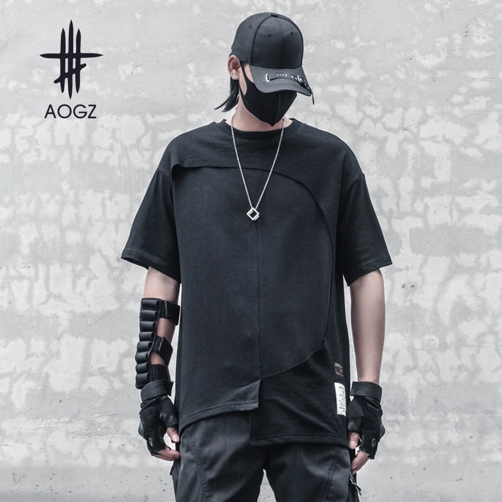 AOGZ Irregular Functional Splicing Half-sleeve Casual T-shirt Vintage Hip Hop T Shirt Men Summer Streetwear Black Tops Clothing