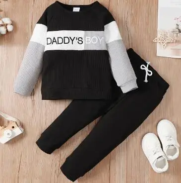 2PCS Kid Boy Clothes Set Patchwork Letter Print Long Sleeve Hoodie with Pants Autumn Fashion Sport Outfit for Children 4-7 Years