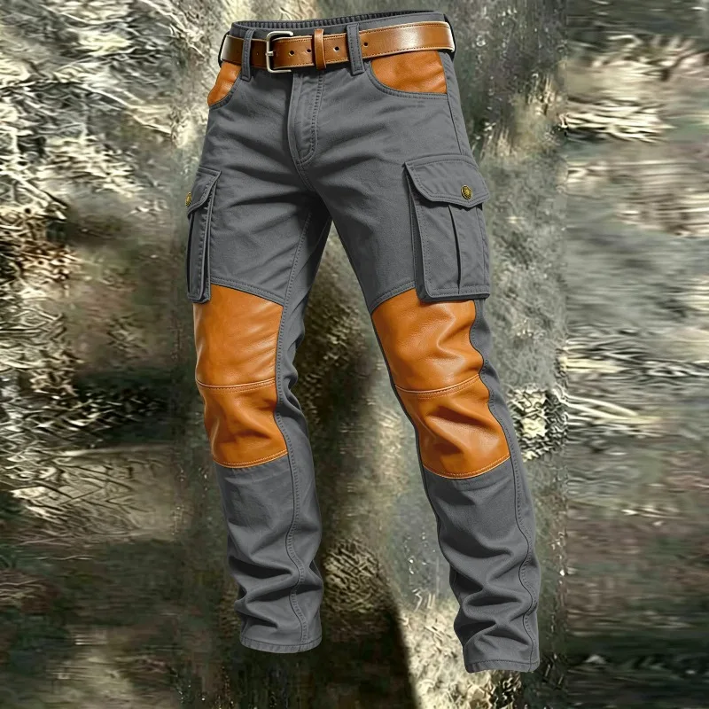 KIDWHXR Autumn Men Cargo Pants Retro Patchwork Multi-pocket Male Trousers Mid Waist Outdoor Sport Casual Man Workwear Pants