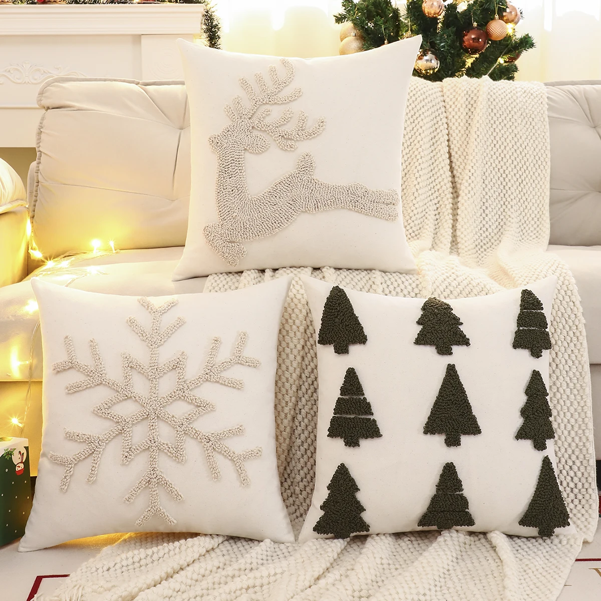 1 PC ตกแต่งคริสต์มาสโยนหมอนเย็บปักถักร้อยผ้าใบ Tufted Snowflake Reindeer