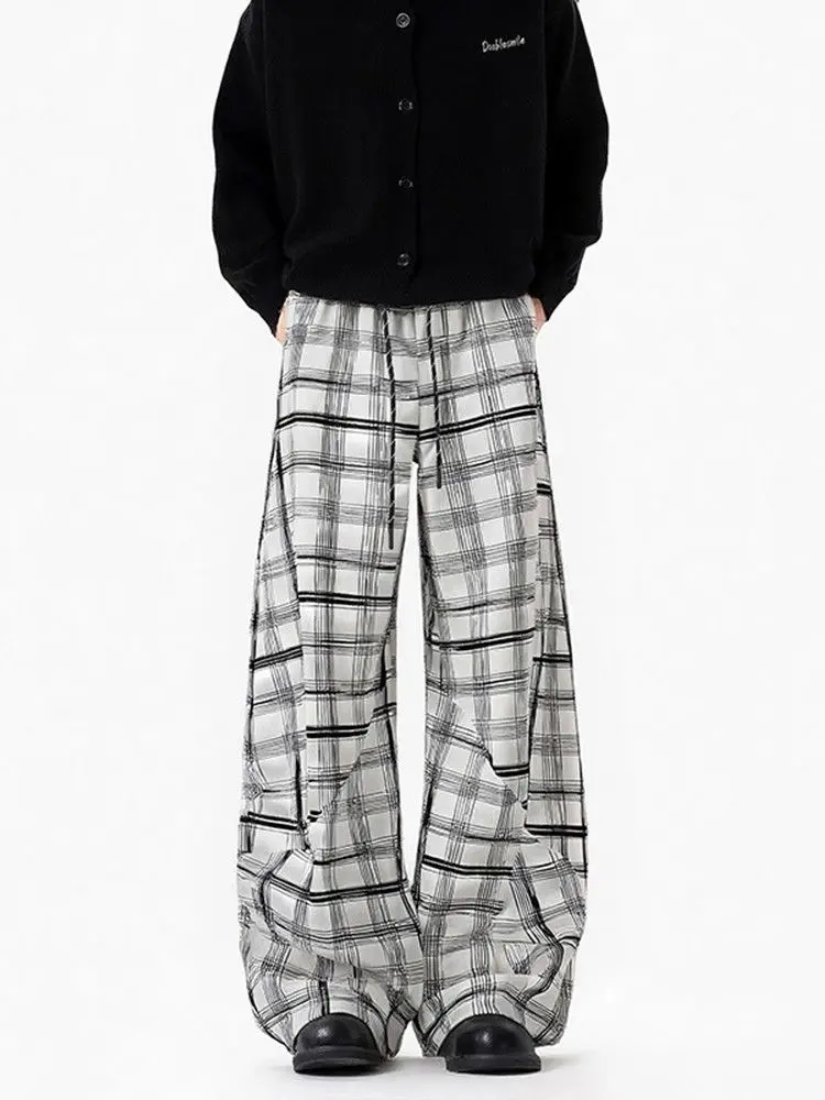 Women's Retro Contrasting Color Grid Hiphop Sweatpants Spring Cool Girl Wide Leg Trousers Female High Waisted Baggy Thin Pants