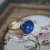 Classic design simple retro round lapis lazuli rings for women adjustable opening charm daily party silver jewelry Gift