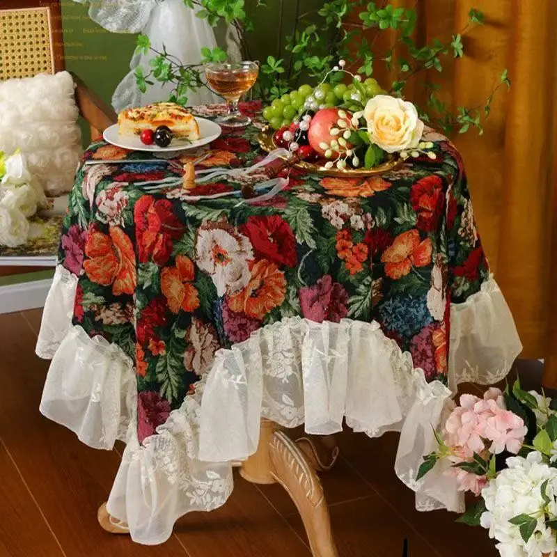 

Vintage Oil Painting Tablecloth Fresh Floral Printing Family Party Dining Fabric American Style Students Bedroom DeskCover Towel