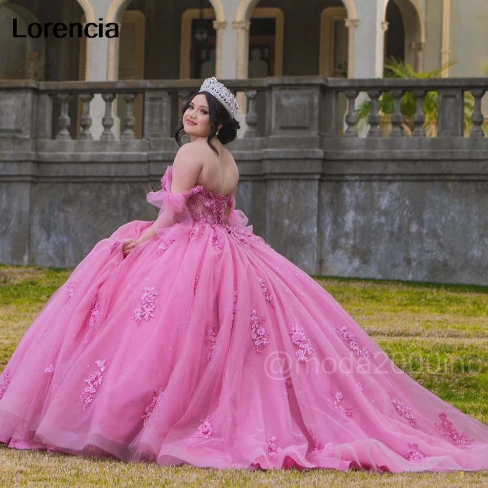 Lorensia gaun dansa merah muda Quinceanera berkilau gaun pesta korset dasi manik-manik Applique renda mengkilap manis 16 Vestidos De 15 aduduk YQD974