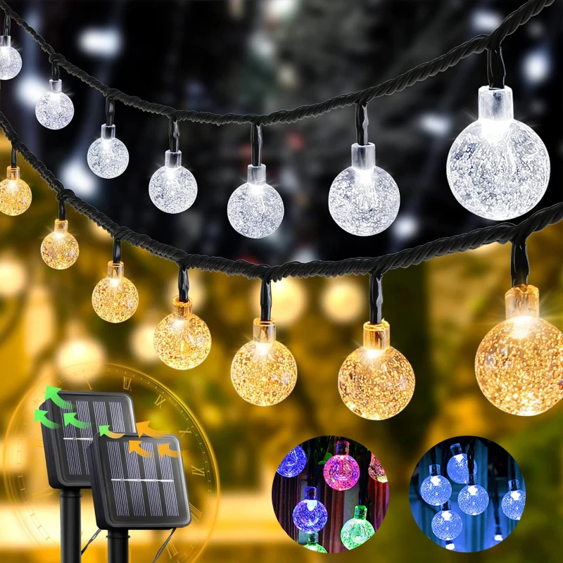 Outdoor Solar String Crystal Globe  Lights  Waterproof Fairy Lights with 8 Modes 4 Colors for Wedding Patio Garden Party Decor