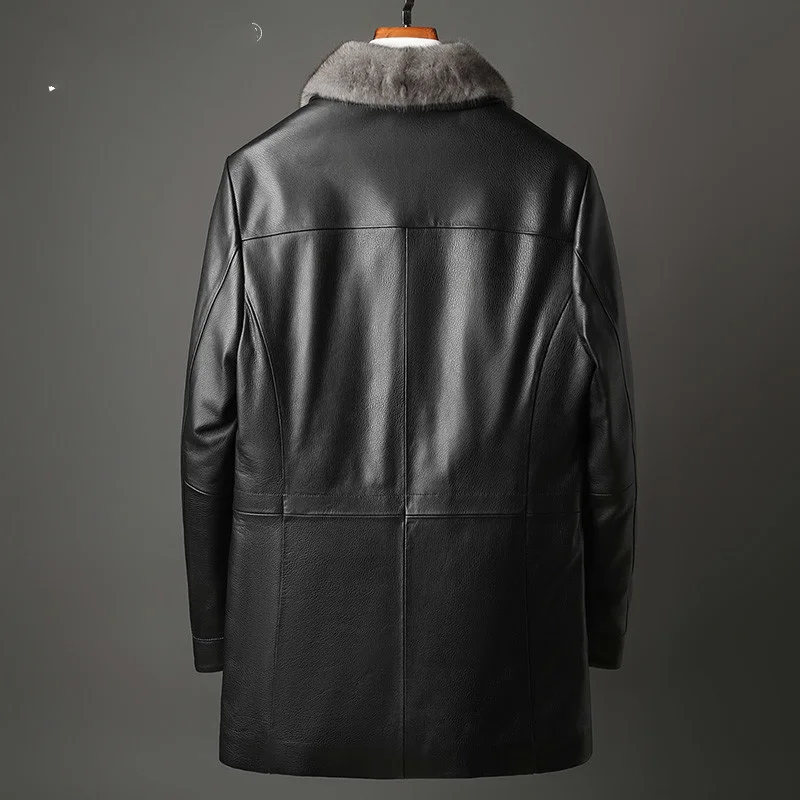 Genuine Leather Down Jacket Mens Long Type Coat Mink Lapel Winter Clothes