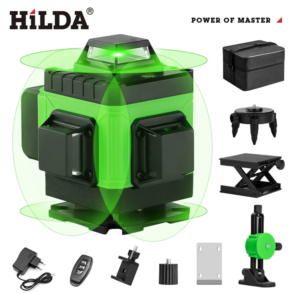 HILDA 360 Horizontal And Vertical Cross Super Powerful Green Laser Level 4D 16 Lines Laser Green Beam Level Level Self-Leveling