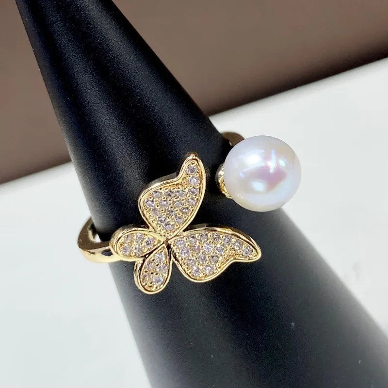 

Natural White 7-8mm Pearl Women's Ring with Round Beads, Niche, Simple and Retro Design Sense