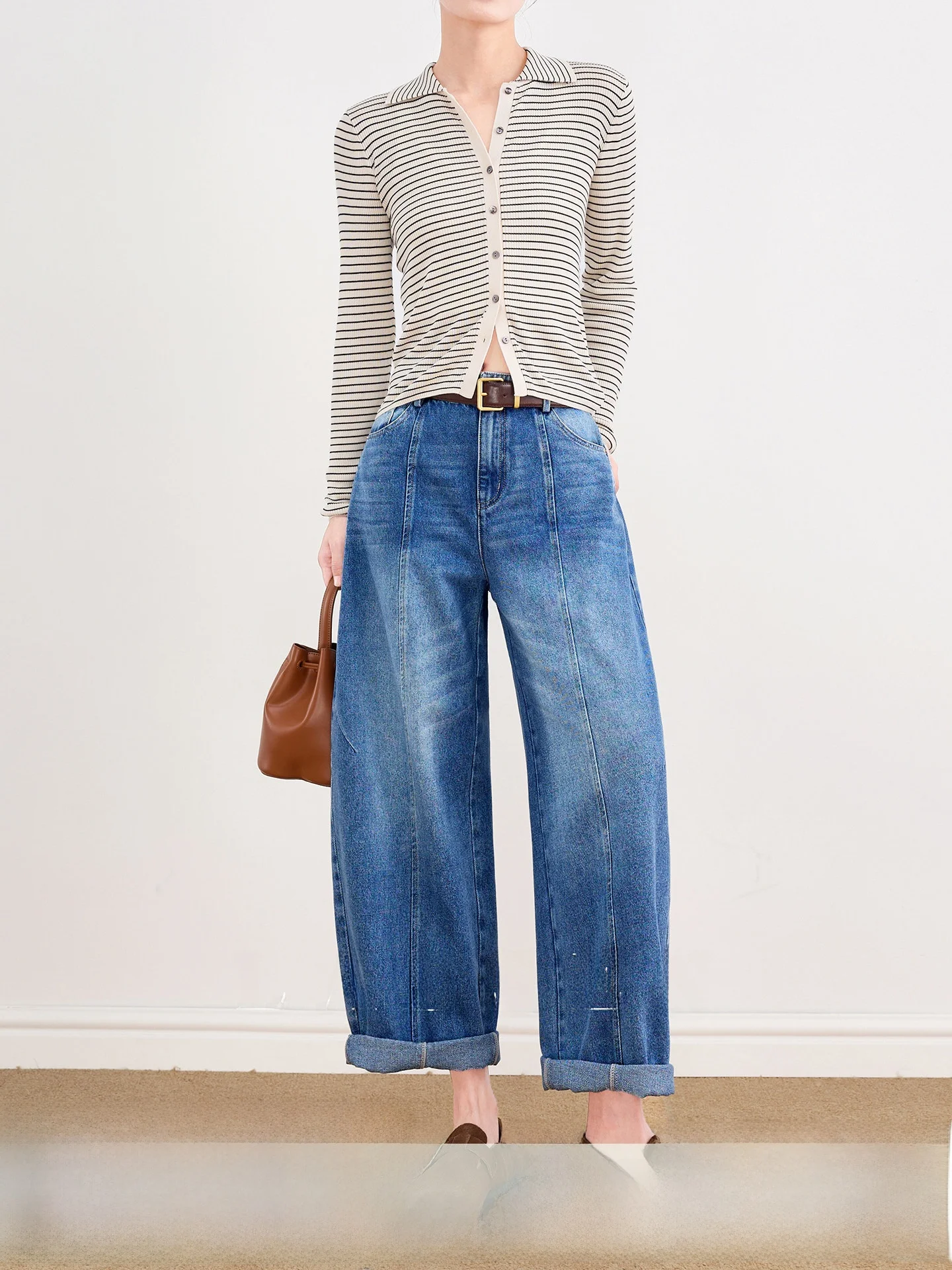

Blue Waed Curved Knife Jeans Women's Loose Nine Point Banana Pants Spring New Sle Cotton Blend High Waist Wide Leg Jeans