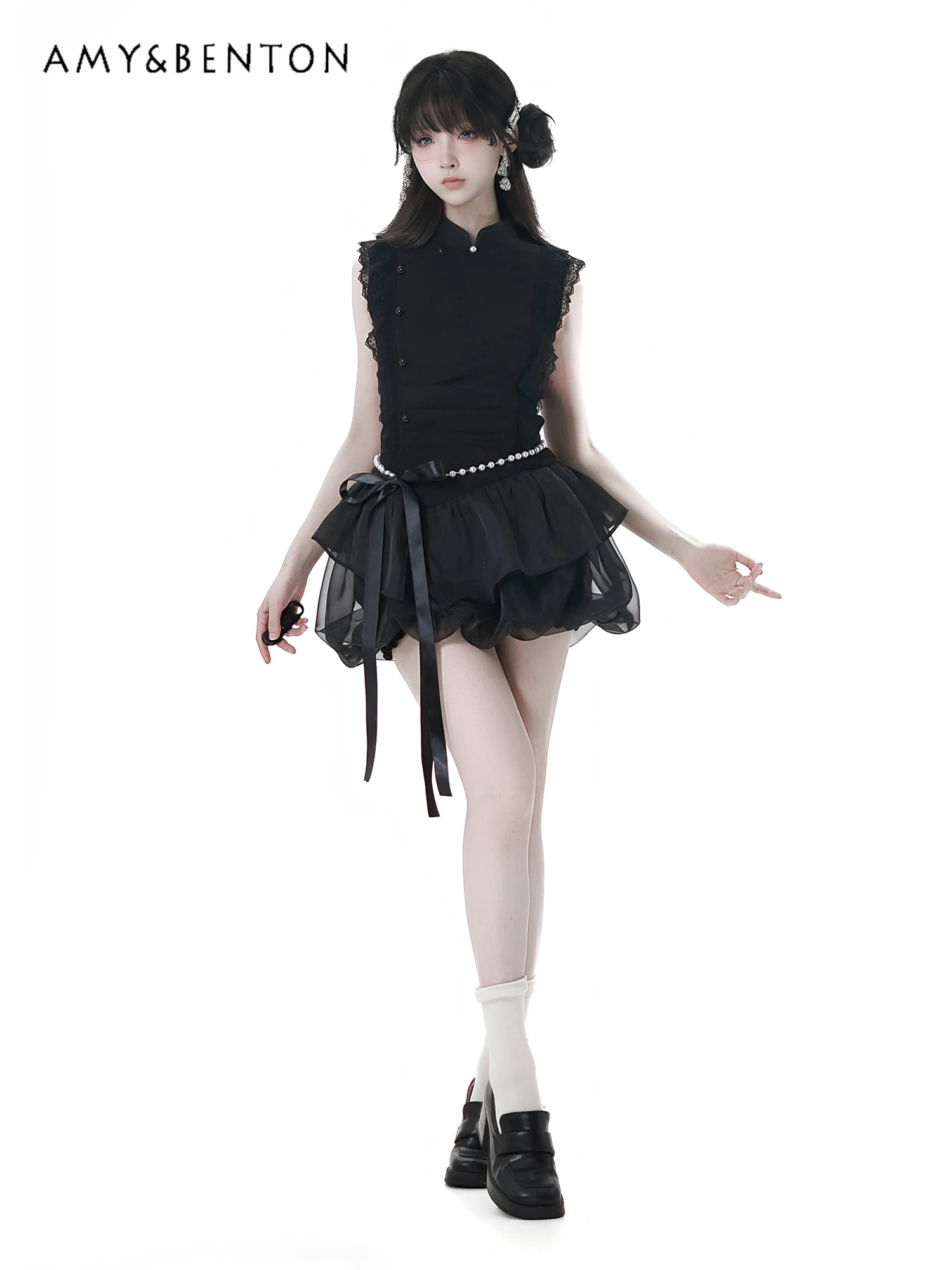 Sweet Cool Girl Lotus Leaf Edge Pearl New Chinese Style Split Suit Dress Goth High Waist Sleeveless Tutu Dress Women Summer