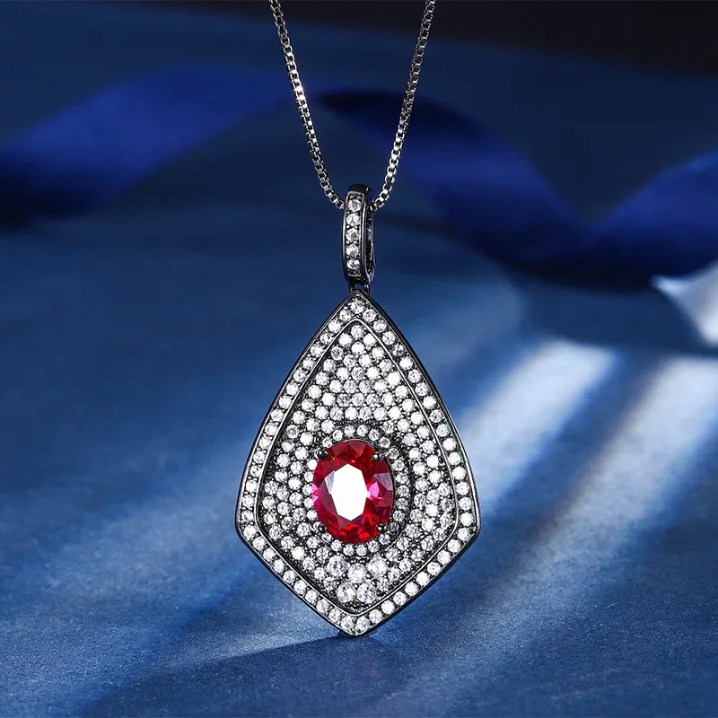 Eye Catching Oval Gemstone Pendant Necklace with Pave Set Crystals Elegant Red Blue Options Vintage Style for Special Occasions