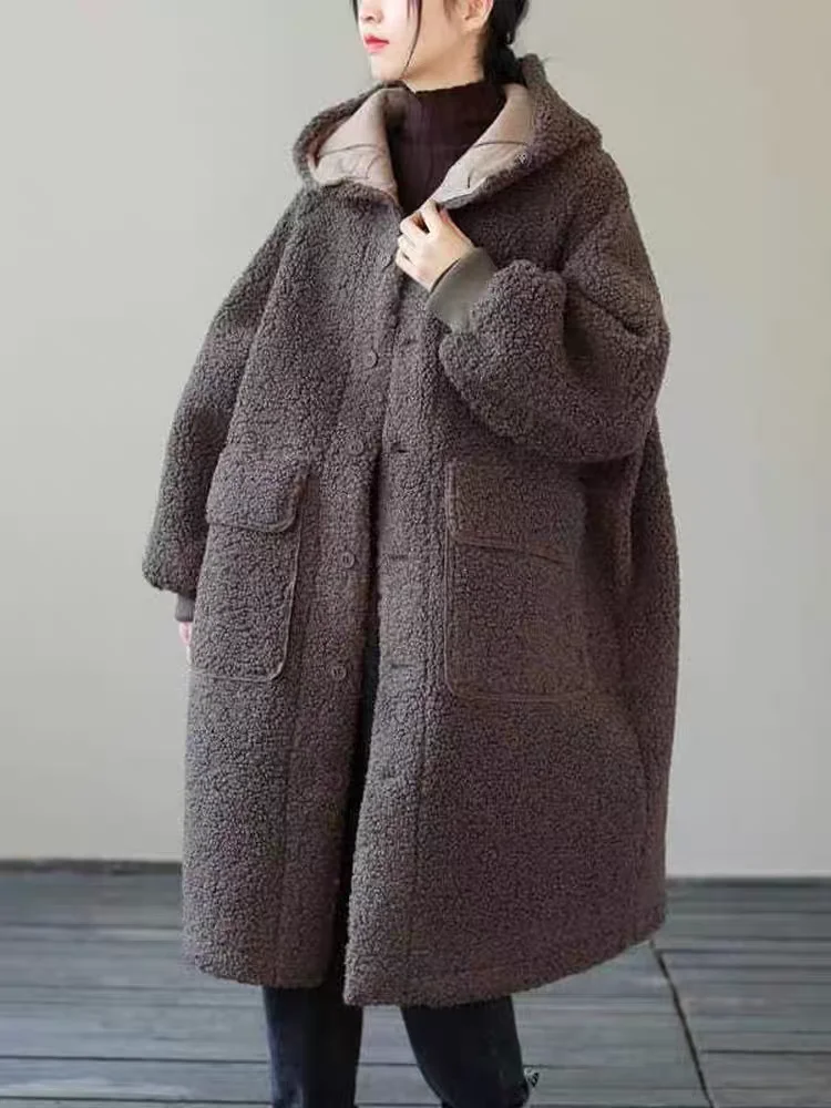 

plus Size Women's Loose Fit Hooded Cotton Jaet Warm Winter Coat Lamb Fur Vest Mid-Length Versatile Women's Outerwear