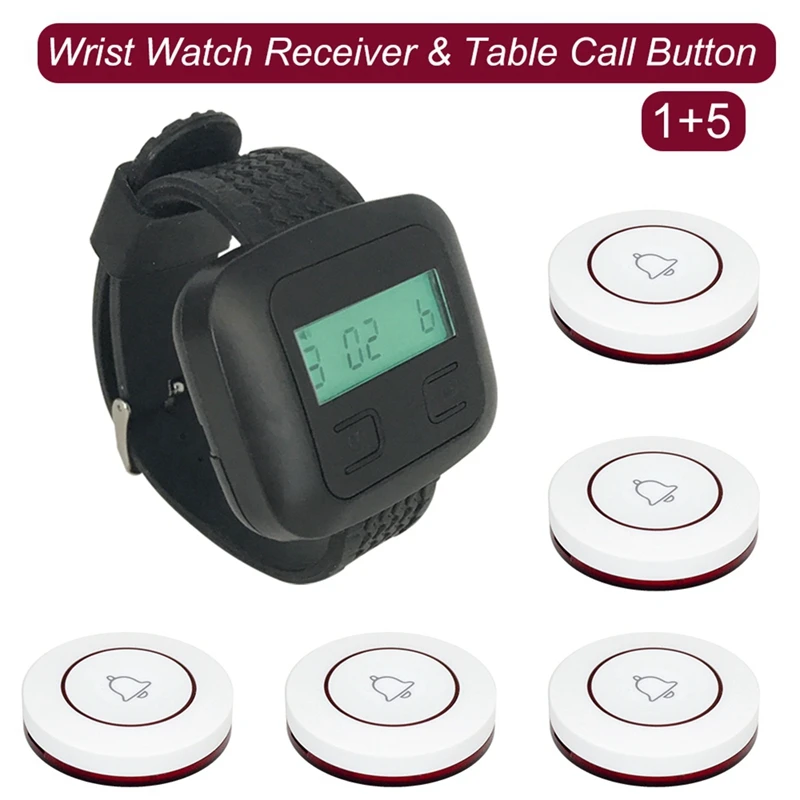 Wireless Restaurant Calling System 5Table Call Button Transmitters 1Watch Pager, Restaurant Waiter Service Bell Buzzer