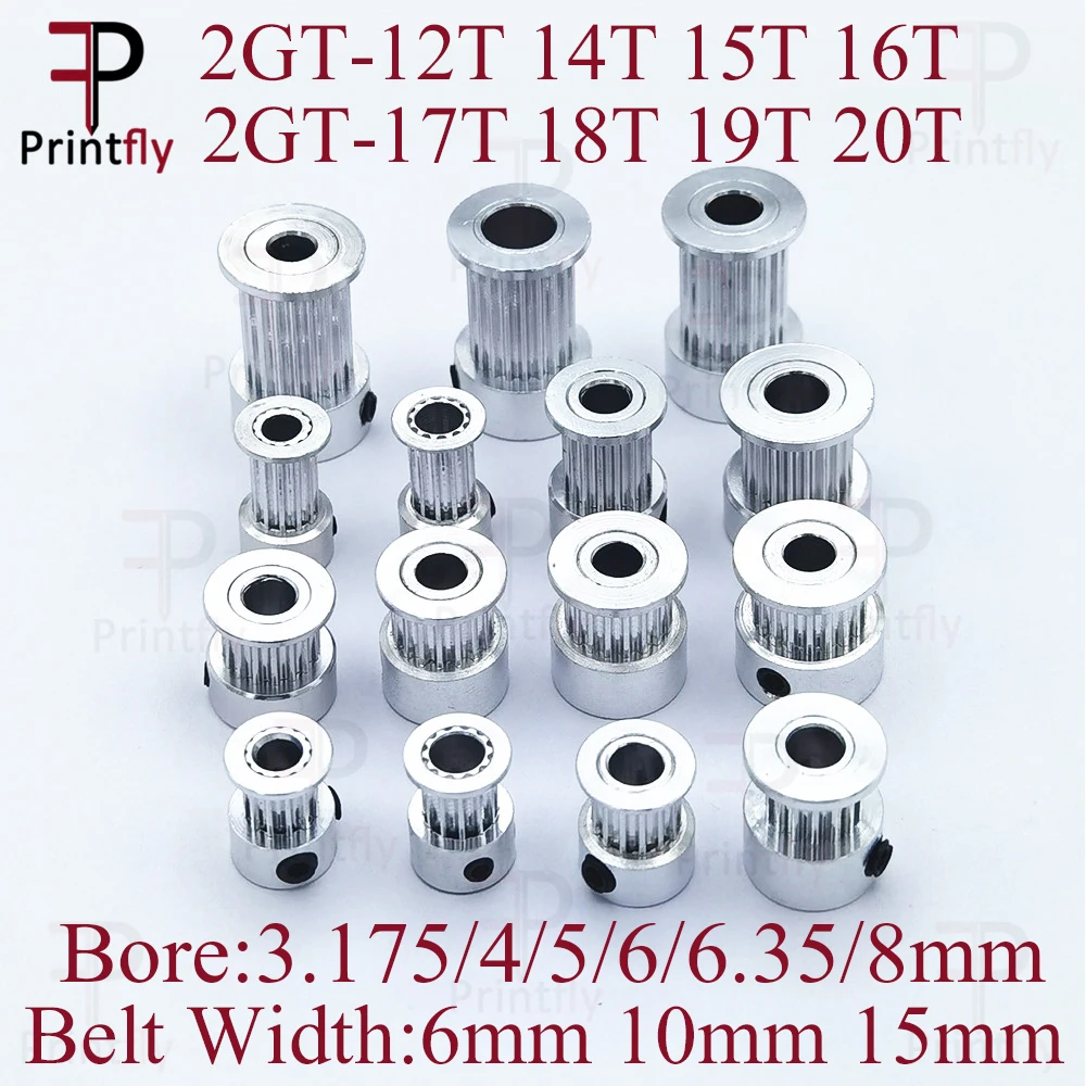 Printfly 2GT 12 14 15 16 17 18 19 20 Teeth GT2 Timing Pulley Bore 3.175 4 5 6.35 8mm Part For Width 6 10 15mm Timing Belt 1pcs