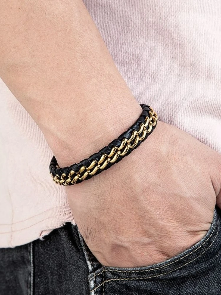 Fashionable and Minimalist Chain Leather Bracelet Trendy Punk Woven Leather Rope Bracelet for Men