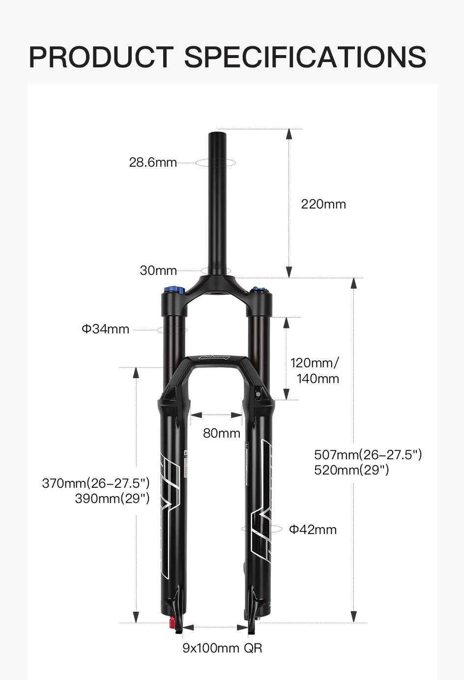 BOLANY 27,5 29er Luftgabel Fahrradaufhängung 9x100mm MTB Fahrrad Vorderstoßdämpfer 34mm Zwischenrohr Gabel Einstellbare Dämpfung Rebound – Detail 2