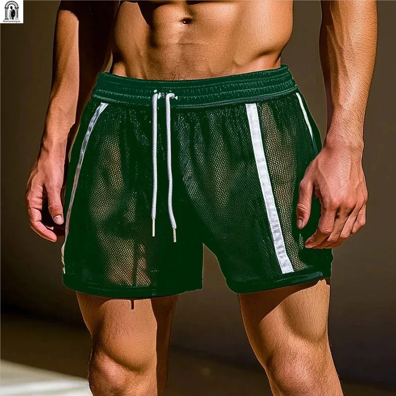 2026 New Arrival Men's Summer Thin Mesh See-Through Shorts European American Style Sexy Contrast Striped Athletic Casual Bottoms
