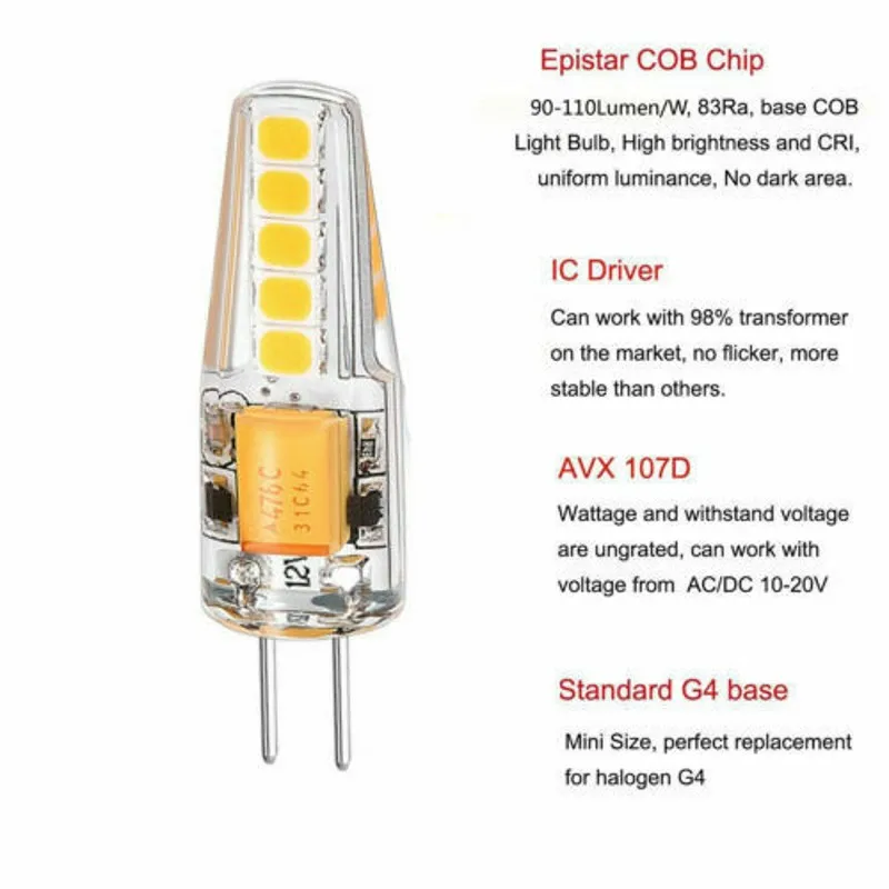 Сменная галогенная Светодиодная лампа G4, 5 Вт, 12 В переменного тока, 2835 SMD, 10 светодиосветодиодный, теплый/холодный белый свет, угол 360