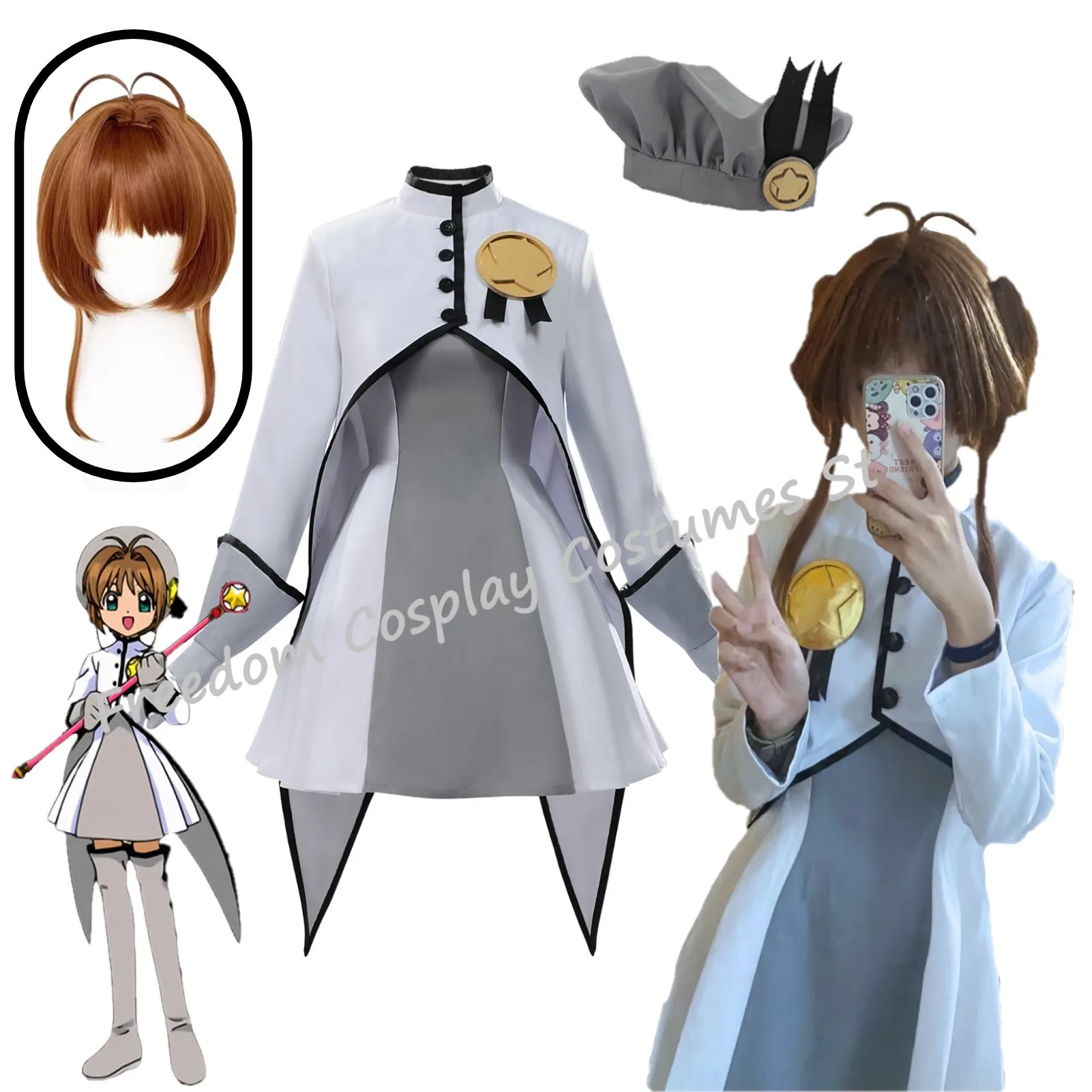 

Anime Kinomoto Sakura Cosplay White Gray Dress Cape Lolita Dreses Hat Wig Halloween Party Magical Girl Party Outfit for Woman