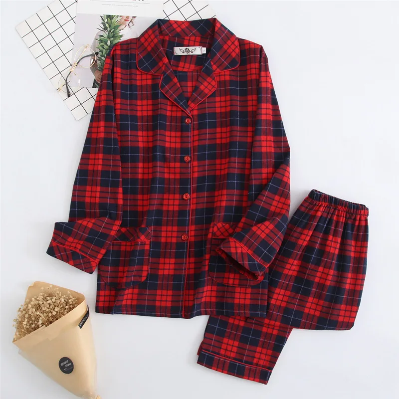 

Women's Autumn and Winter Cotton Brushed Flannel Long-sleeved Cardigan Plaid Clothes with Long Trouser Womens Two Piece Sets