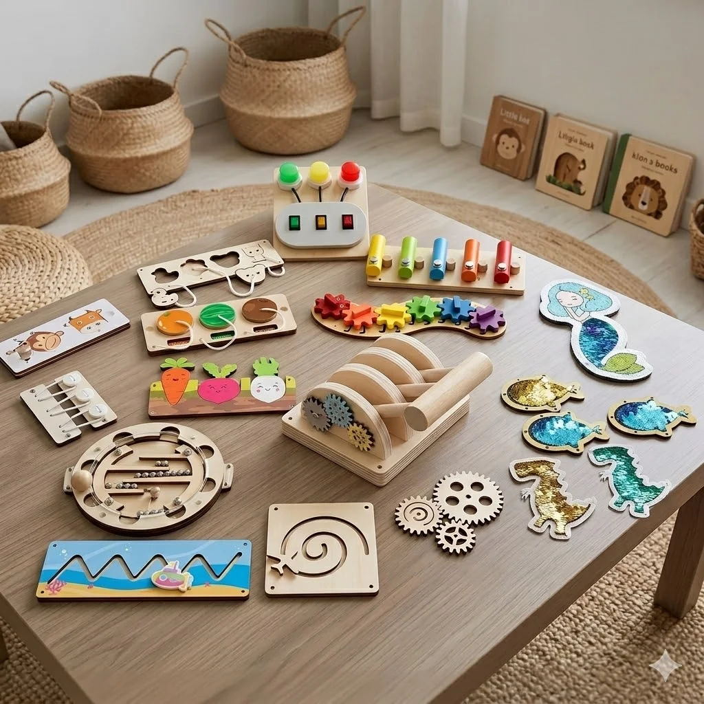 Montessori Busy Board Toddlers Wooden Sensory Activity  LED Switch Gears Maze Lacing  Fine Motor Skills Learning Set for Kids