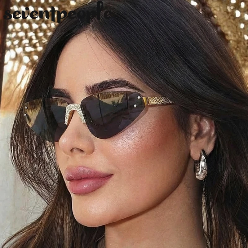 

Rimless Rhinestones Punk Sunglasses Women 2026 Luxury Brand Design Vintage Metal Small Frame Sun Glasses For Ladies Eyewear