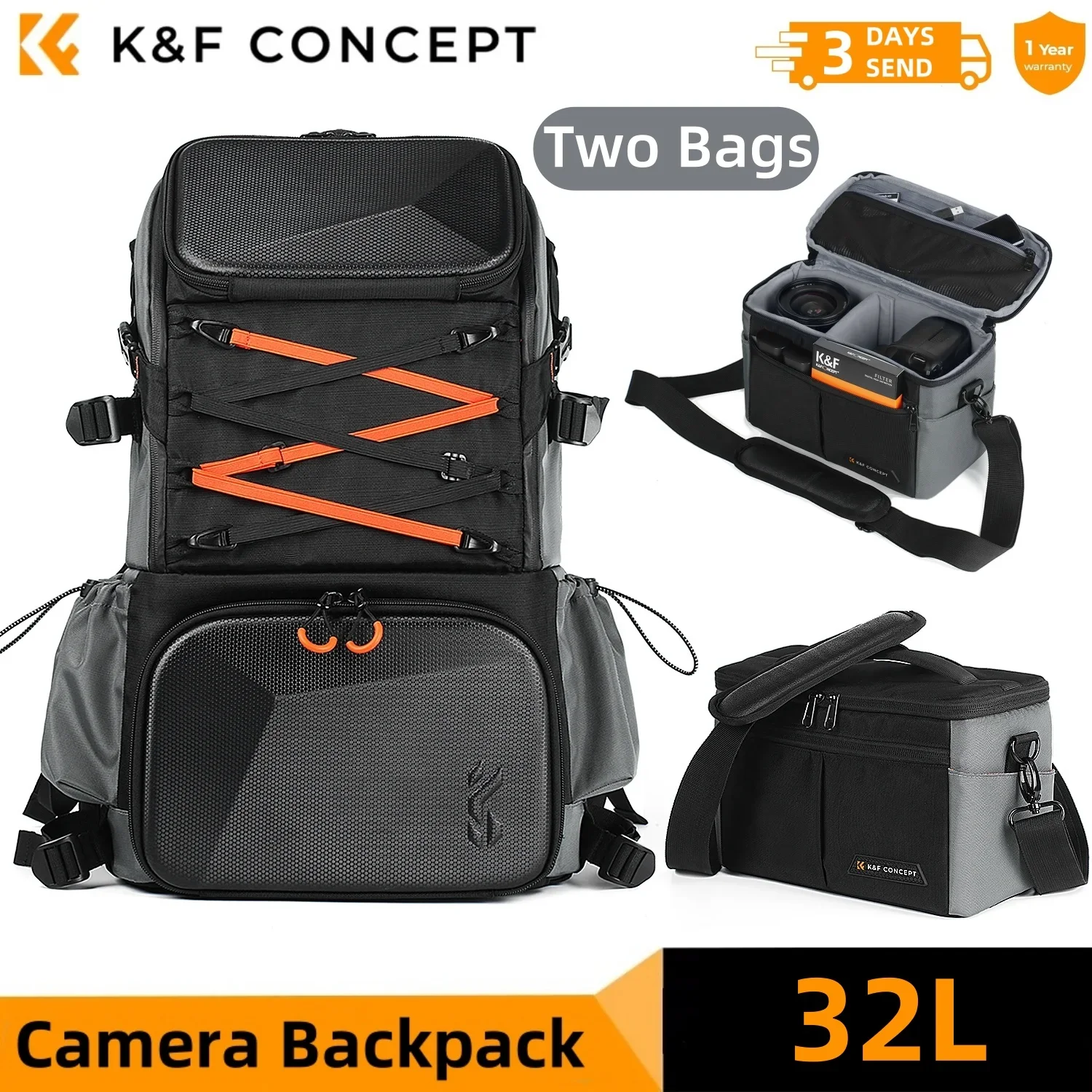 K&F CONCEPT 32L/25L Grote 2-in-1 Camera Rugzak Schoudertas Heuptas voor Canon Sony DSLR Camera Case Laptop Waterdichte Regenhoes - afbeelding 1