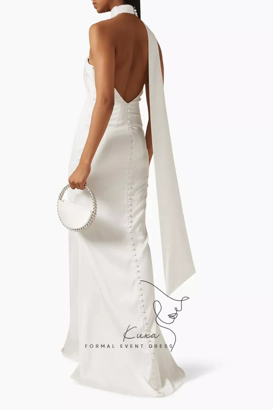 KUXA Customized Halter Mermaid Wedding Dresses Deep Back With Long Ribbon Detailing Back Buttons Bridal Gown For Wedding
