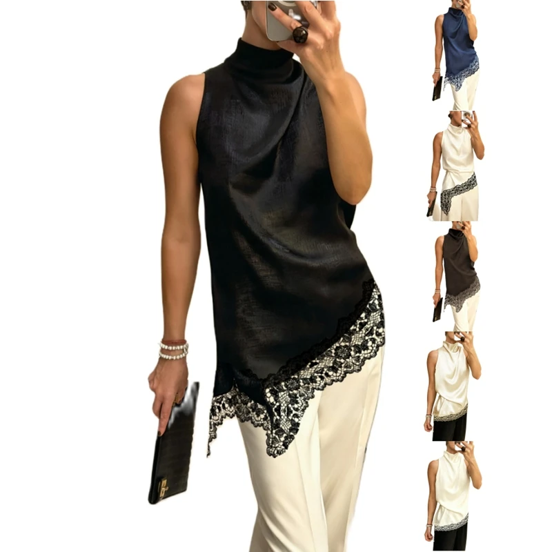 Women Floral Lace Trim Satin Silk High Low Vest Turtleneck Side Split Asymmetrical Camisoles Flowy Silky Layering Top