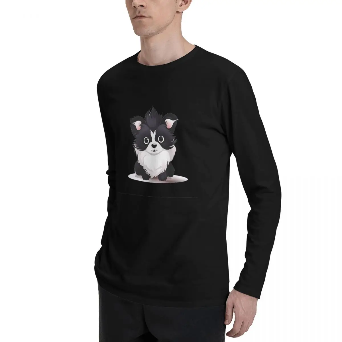 2024 New Autumn Winter Fall Men's Long Sleeve T-Shirts Dog Puppy Hip Hop Art,Ripped Round Tees Streetwear Casual