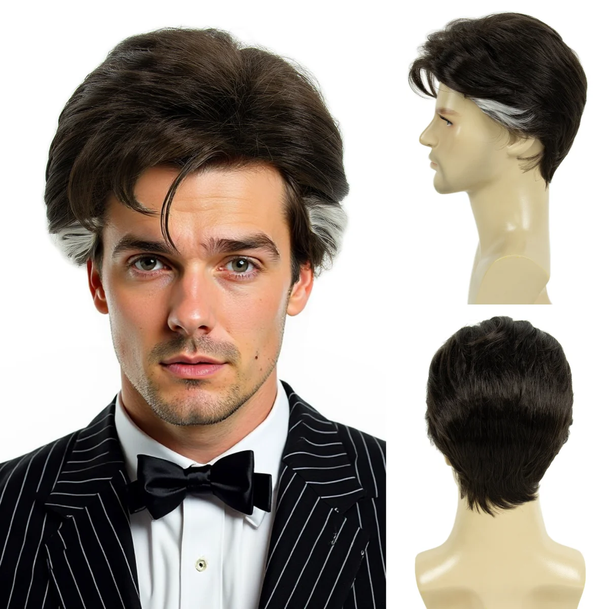 

REEWES Mens Wigs Doctor Stranger Costume Short Brown Synthetic Wig with Highlights White Sideburns for Adult Cosplay Halloween