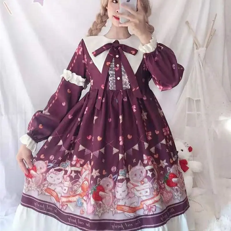 Sailor Collar Women Lolita Summer Cats Gathering Long Sleeved Printing Contrasting Colors Ruffles Comfortable Loose Y2K Dress