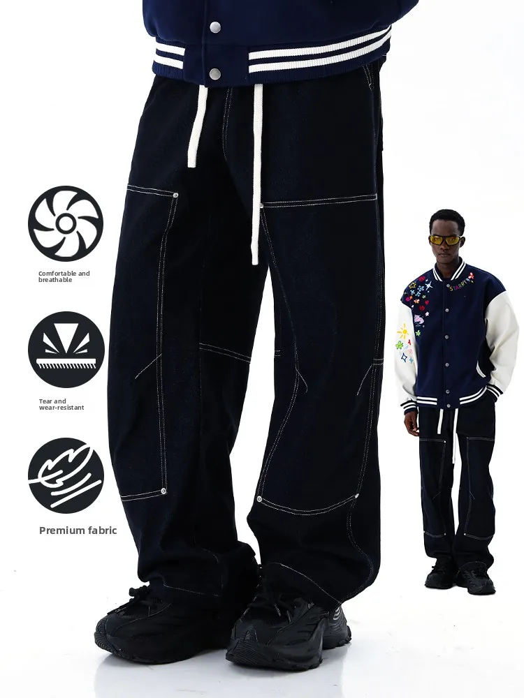 

MMOPTOP Men's Loose Straight Leg Bla Jeans Casual Cotton Denim Trousers Spring Faion High Street Wear Comfortable Fit